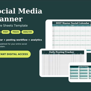Peut inclure: Un modèle de planificateur de réseaux sociaux Google Sheets sur fond vert foncé. Le texte inclut Social Media Planner, 2027 Master Social Calendar, Daily Posting Tracker, Analytics, Plan, Post, Track, Analyze et Instant Digital Access.