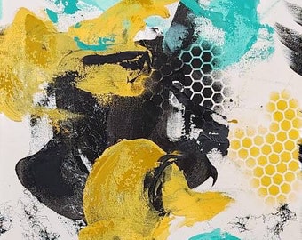 Bee Honey Comb Expressionist Textured Original Abstract Painting Ashley Kunz Modern Large Artwork Decor Interior Design Canvas Acrylic Art