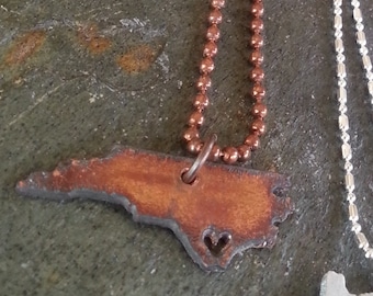 Rustic Copper North Carolina  Heart Cut Out Necklace State Jewelry Map Necklace Recycled metal Custom State necklace