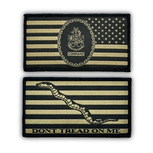 May include: Two rectangular morale patches featuring a black and tan American flag design. The top patch displays a USN Command emblem with an anchor and chain. The bottom patch features a coiled snake graphic and the text DONT TREAD ON ME.