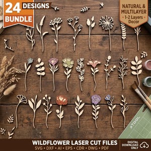 May include: A bundle of 24 laser-cut wooden wildflower designs featuring various stems, leaves, and floral shapes. Some pieces include layered colored accents. The image includes text labels 24 DESIGNS BUNDLE, NATURAL & MULTILAYER 1-2 LAYERS DECOR, and WILDFLOWER LASER CUT FILES.