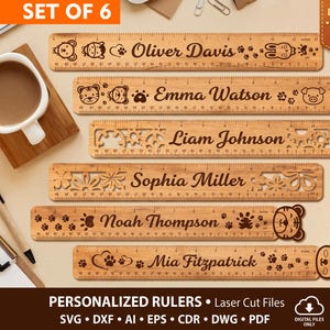 May include: A set of six personalized wooden rulers, each featuring laser-engraved names including Oliver Davis, Emma Watson, Liam Johnson, Sophia Miller, Noah Thompson, and Mia Fitzpatrick, with 12-inch and 30-cm double scale markings.