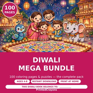 Diwali Mega Bundle Printable, 100-Page Diwali Coloring Book + Activity Pack for Kids, Festival of Lights, Instant Download