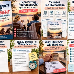 May include: A 15-page digital financial freedom planner titled The Procrastinator's Guide to Retirement. The set includes worksheets for income, expenses, debt, and savings, featuring checklists for a 5-year countdown and a 30-minute money reset task list.