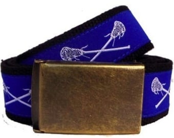 Lacrosse Belt / D-Ring Belt / Canvas Belt / Preppy Belt/ Men's Belt/ Children's Belt/ White Lacrosse Sticks on Royal with Black Webbing