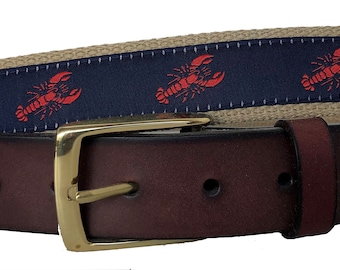 Lobster Nautical Belt / Leather Belt / Canvas Belt / Preppy Webbing Belt for Men, Women and Children/Red Lobster on Navy Ribbon