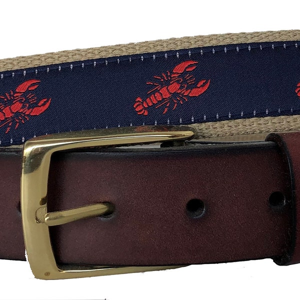 Lobster Nautical Belt / Leather Belt / Canvas Belt / Preppy Webbing Belt for Men, Women and Children/Red Lobster on Navy Ribbon