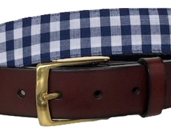 Blue and White Checkered Plaid Leather Belt / Leather Belt / Nautical Belt / Preppy Webbing Belt Men, Women and Children/Blue and White Belt