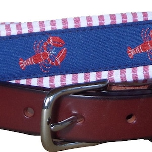 Lobster and Red Seersucker Leather Belt /Leather Belt /Canvas Belt /Preppy Belt for Men, / Leather Style Belt