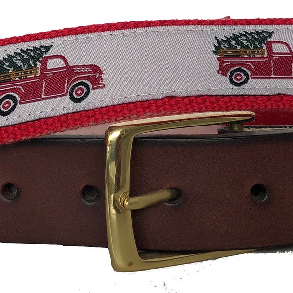 Christmas Belt / Leather Belt / Santa Belt / Holiday Webbing Belt Men, Women and Children/Christmas Tree with Truck