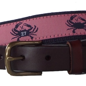 Crab Logo No27 Leather Belt / Leather Belt / Canvas Belt / Preppy Webbing Belt for Men, Women and kids/ Crab No27 Logo Ribbon