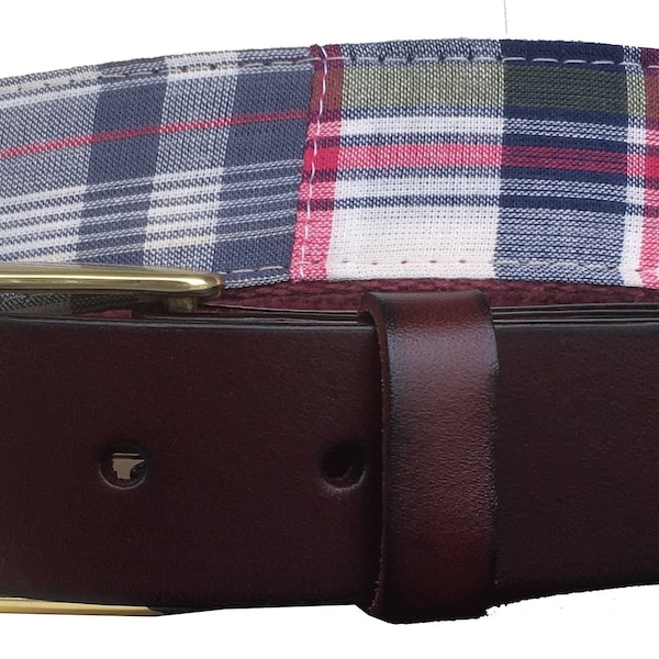 Classic Plaid Leather Belt / Leather Belt / Canvas Belt / Preppy Webbing Belt for Men, Women and kids/ Multi Color Plaid Fabric/ Madras Belt