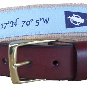 Nantucket Island Nautical Belt / Leather Belt / Canvas Belt / Preppy Webbing Belt / Nantucket Island Flag Ribbon