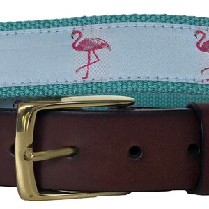 Flamingo Belt / Leather Belt / Nautical Belt / Preppy Webbing Belt Men, Women and Children/Pink Flamingo Ribbon on Teal Blue Webbing