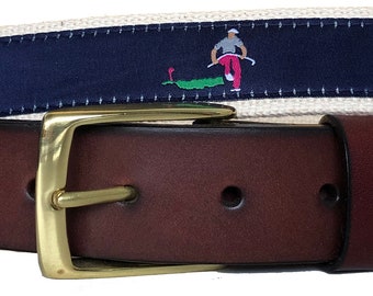 Golf Leather Belt / Leather Belt / Canvas Belt / Preppy Webbing Belt for Men, Women and kids/Repeating Frustrated Golfer Ribbon