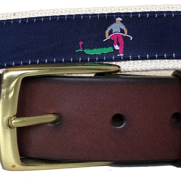 Golf Leather Belt / Leather Belt / Canvas Belt / Preppy Webbing Belt for Men, Women and kids/Repeating Frustrated Golfer Ribbon