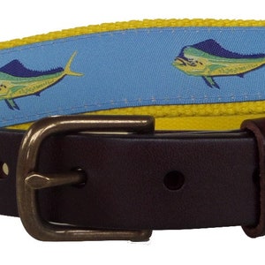 Mahi Mahi Fish Leather Belt / Leather Belt / Canvas Belt / Nautical Belt / Preppy Belt for Men, Women and Kids/ Mahi Mahi Nautical Ribbon