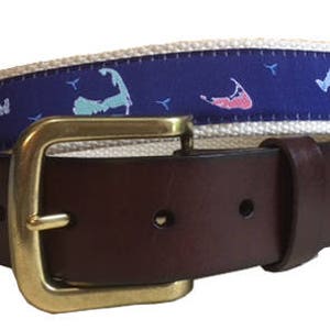 Cape Cod, Nantucket and Martha&#39;s Vineyard Island Leather Belt /Leather Belt /Canvas Belt /Preppy Belt for Men/ 3 Islands on Natural  Webbing