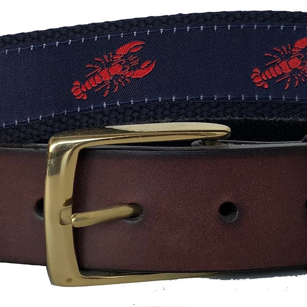 Lobster Nautical Belt / Leather Belt / Canvas Belt / Preppy Webbing Belt for Men, Women and Children/Red Lobster on Navy Ribbon