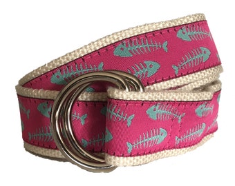 Seafoam Green Bonefish on Dark Pink with Natural Color Webbing D-Ring Belt, Bonefish Ribbon, Adjustable Preppy Belt for Men, Women and Kids