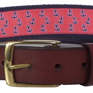 Anchor Leather Belt / Leather Belt / Nautical Belt / Preppy Webbing Belt Men, Women and Children/Anchors Ribbon on Navy Webbing