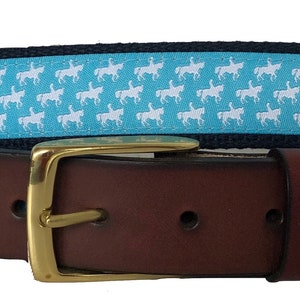 Equestrian Horse Leather Belt /Leather Belt /Canvas Belt /Preppy Belt for Men, /white Horse on Blue Ribbon Leather Style Belt