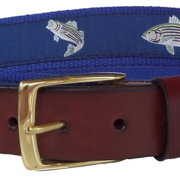 Striped Bass Fish Leather Belt /Leather Belt /Canvas Belt /Preppy Belt for Men, /Striped Bass on Nautical Blue Webbing Leather Style Belt