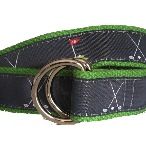 Golf Pattern on Green Webbing D-Ring Belt, Golf Ribbon, Adjustable Belt, Preppy Belt for Men, Women and Kids