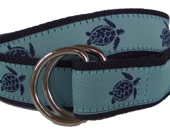 Navy Sea Turtle and Teal Belt /Nautical Belt/Leather Belt /Canvas Belt /Preppy Belt for Men/Teal Aqua Blue Sea Turtle on Navy Belt