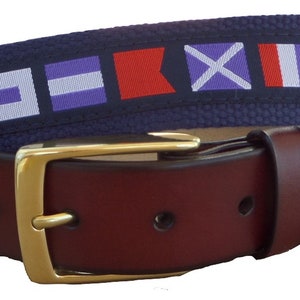 Zep-Pro Leather & Canvas Ribbon Belt – Nautical Sailboats, Navy On Buff, 1 1/4" (Men's, USA Made)