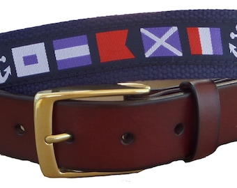 Nautical Flag Belt/ Leather Belt / Canvas Belt / Preppy Webbing Belt for Men, Women and Children/Nautical Flags on Dark Royal Ribbon