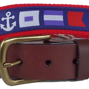 Nautical Flag Leather Belt / Leather Belt / Canvas Belt / Preppy Webbing Belt for Men, Women and Children/Nautical Flag on Royal Ribbon