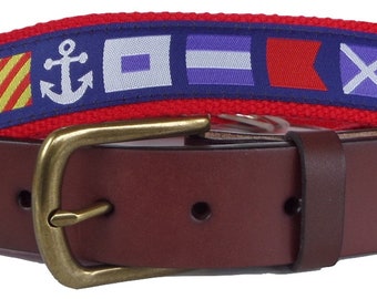 Nautical Flag Leather Belt / Leather Belt / Canvas Belt / Preppy Webbing Belt for Men, Women and Children/Nautical Flag on Royal Ribbon
