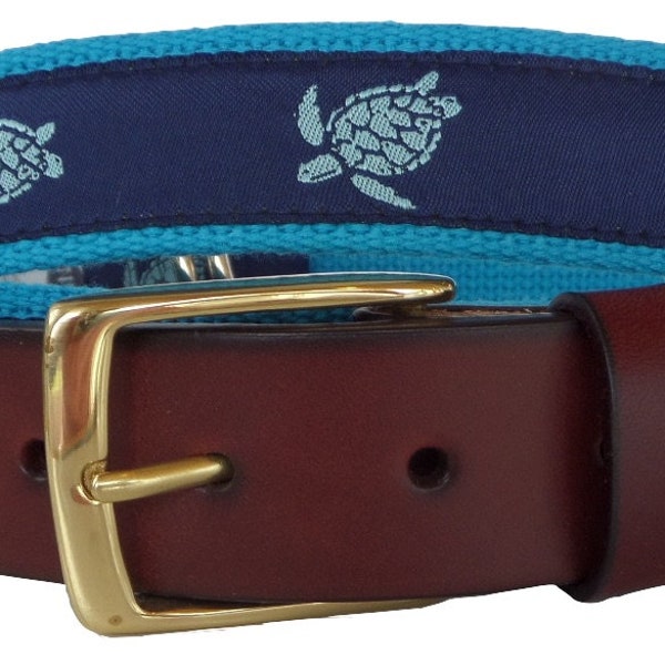Sea Turtle Leather Belt /Leather Belt /Canvas Belt /Preppy Belt for Men, /Sea Turtles on Turquoise Webbing Leather Style Belt