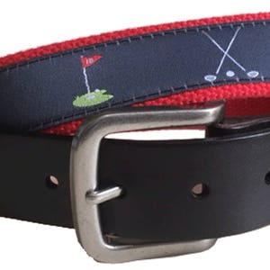 Golf Leather Belt / Leather Belt / Canvas Belt / Preppy Webbing Belt for Men, Women and kids/Repeating 9th hole and 18th hole Golf Ribbon