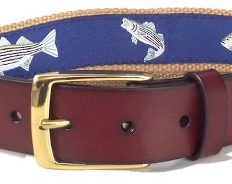 Striped Bass Nautical Belt / Leather Belt / Canvas Belt / Preppy Webbing Belt for Men, Women and Children/Striped Bass Ribbon Belt
