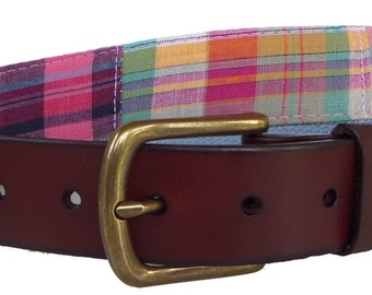 Pink and Blue Plaid Belt / Leather Belt / Canvas Belt / Preppy Webbing Belt / Pinks and Pastels Plaid Leather Belt