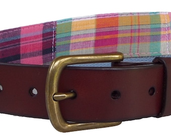 Pink Plaid Canvas Belt with Brown Leather Trim new england preppy summer Pink British Punk Plaid Pyramid Studded Belt: Punk Rock  main image 2