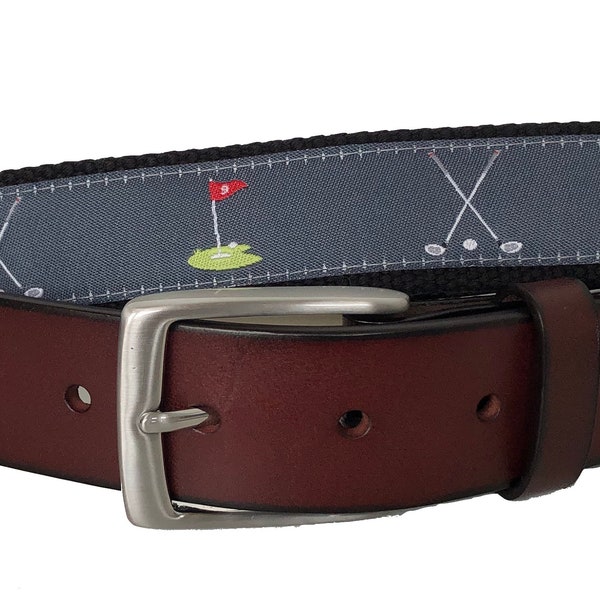 Golf Leather Belt / Leather Belt / Canvas Belt / Preppy Webbing Belt for Men, Women and Children/ 18th and 9th Hole and Repeating Golf Club