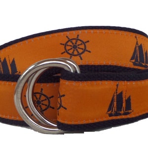 Nautical Sailboat and Helm D-Ring Belt, Burnt Orange and Navy Sailboat with Helm Ribbon, Adjustable Belt, Preppy Belt for Men, Women and Kid