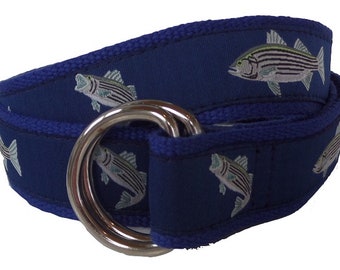 Striped Bass Ribbon on Nautical Blue Webbing D-Ring Belt, Striped Bass Fish Ribbon, Adjustable Belt, Preppy Belt for Men, Women and Kids