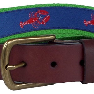 Red Lobster Leather Belt / Leather Belt / Canvas Belt / Preppy Webbing Belt for Men, Women and Children/Red Lobster on Navy Ribbon