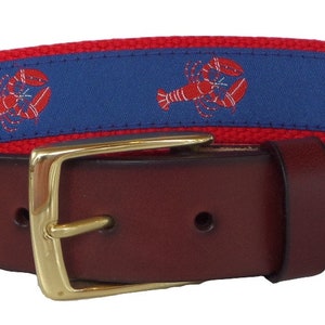 Lobster Leather Belt /Leather Belt /Canvas Belt /Preppy Belt for Men, /Lobster Ribbon on Red Webbing Leather Style Belt
