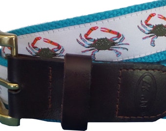 Hooknhide Blue Crab Belt Buckle 42 Brass Tumbaga Leather Charleston Preppy $225 Blue Crab Leather Belt /leather Belt /canvas Belt /preppy  main image 3