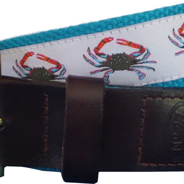 Blue Crab Leather Belt / Leather Belt / Nautical Belt / Preppy Webbing Belt Men, Women and Children/Blue Crab on White Ribbon and Turquoise