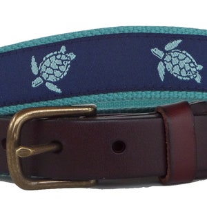 Teal and Navy Sea Turtle Belt /Nautical Belt/Leather Belt /Canvas Belt /Preppy Belt for Men/Teal Aqua Blue Sea Turtle on Navy Belt