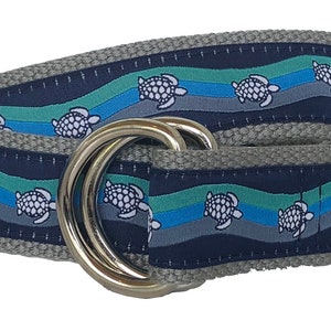 Nautical Sea Turtle Belt/ Leather Belt /Canvas Belt/Preppy Webbing Belt for Men, Women and Children/Nautical Sea Turtle Wave on Navy  Ribbon
