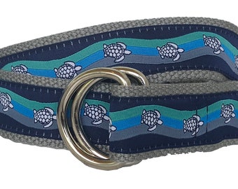 Nautical Sea Turtle Belt/ Leather Belt /Canvas Belt/Preppy Webbing Belt for Men, Women and Children/Nautical Sea Turtle Wave on Navy  Ribbon