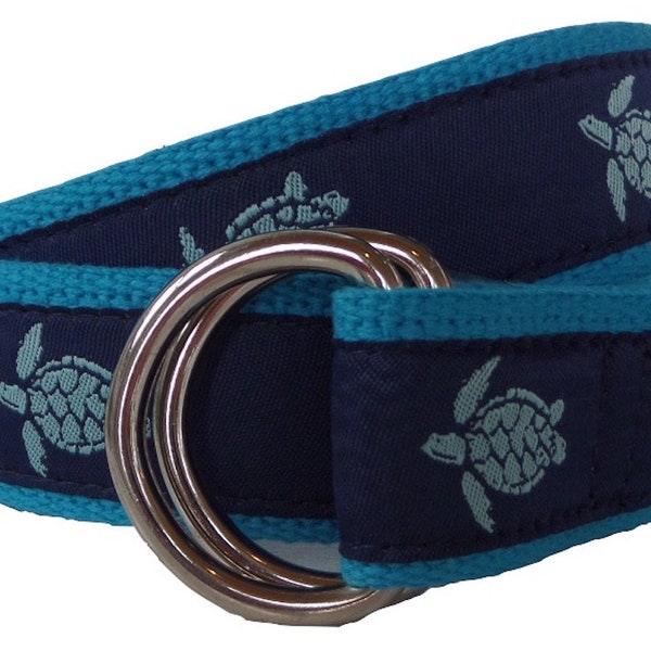 Teal Sea Turtles on Turquoise Webbing D-Ring Belt, Teal Sea Turtles on Navy Ribbon, Adjustable Belt, Preppy Belt for Men, Women and Kids