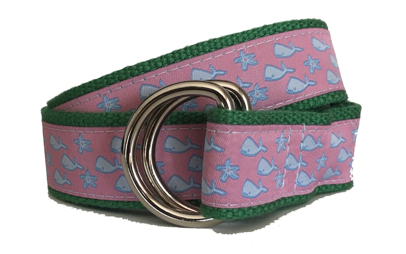 Women and Kids Whales and Starfish Ribbon Whales and Starfish Ribbon on Green Webbing D-Ring Belt Adjustable Preppy Belt for Men